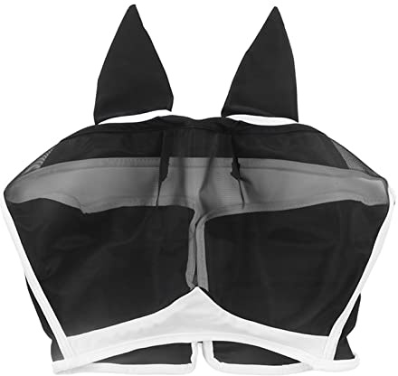 Changor Anti-myggmask för Hästfluga med Andningsförmåga med öron för Hästansikte Draghäst, Flugmask Av Stickat Tyg Som Lämpar Sig för Långtidsbruk (Krok och ögla, stor svart)