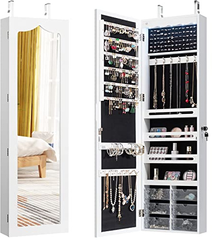 COSTWAY 5 LED Lights Jewellery Cabinet, Door Hanging/Wall Mounted Jewelry Armoire with Full Length Mirror and Large Storage, Bedroom Lockable Cosmetics Jewellery Organiser (White, 6 Acrylic Drawers)
