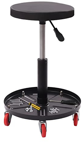 Steeviuzj Taburete de taller, silla neumática, silla de taller, taburete con ruedas, color negro, altura del asiento 44 – 56 cm, giratorio 360°, con cesta de almacenamiento de 38 cm de diámetro, para