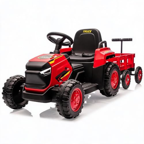 GarveeMore Tracteur électrique enfant 12V avec remorque amovible - 6 roues, double moteur puissant, LED, musique, klaxon, télécommande 2.4G, siège sécurisé - Voiture électrique jouet 3-6 ans - rouge à