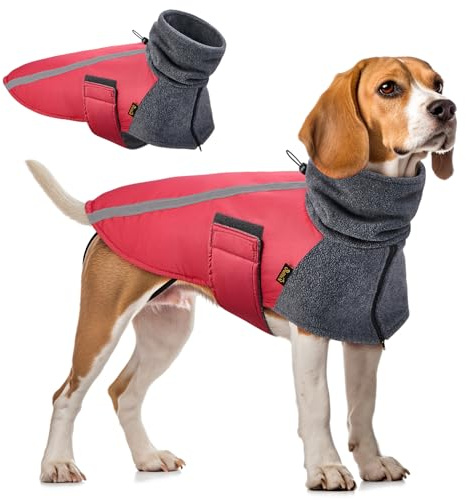 SlowTon Abrigo para Perro Invierno, Cálido Forro Polar para Exteriores con Bufanda De Cuello Alto, Rayas Reflectantes, Chaleco Resistente Al Viento, Juegos Suaves para Mascotas