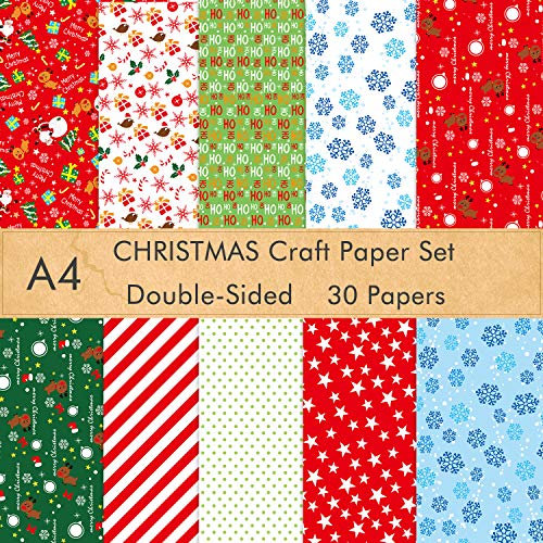 FEPITO 30 Blatt Weihnachtsmuster Papierset, A4 Dekorpapier für die Kartenherstellung Sammelalbum Dekoration, 10 Designs