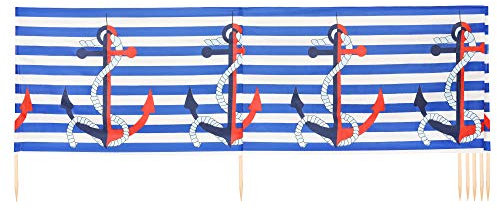Ladeheid Windschutz Strand Sichtschutz mit Holzstab praktisches Strand Zubehör LAEX001 (Streifen/Anker, 12 m)