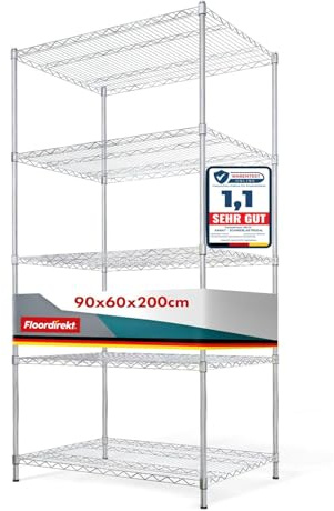 Scaffale con ripiani a griglia Everest, in metallo, portata circa 70 kg per ripiano. Sistema di stoccaggio multifunzionale, cromato, disponibile in diverse dimensioni (90 x 60 x 200 cm, 5 ripiani)