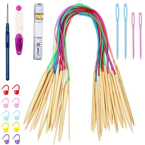 Coopay Lot de 18 aiguilles à tricoter circulaires en bambou - 60 cm - Double pointe - Avec accessoires de tricot et crochets - Pour débutants et professionnels - De 2 mm à 10 mm
