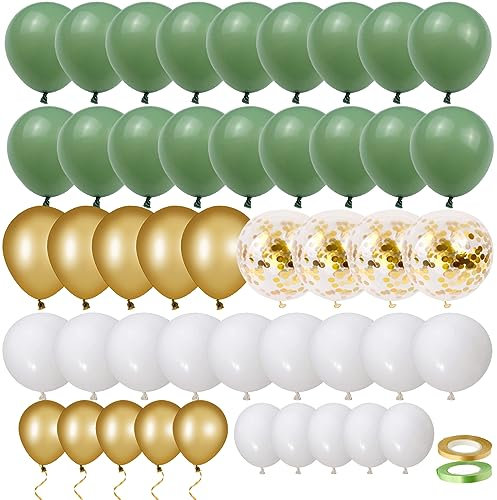 70 Stück Luftballons Olive Grün Gold Weiß, Helium Luftballons Salbei Grün Gold Konfetti Latex Ballons für Hochzeit Baby Shower Geburtstag Abschluss Party Deko