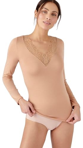 Damart - T-Shirt Dentelle Thermolactyl Invisible, Femme, Marron, Taille M, Manches Longues