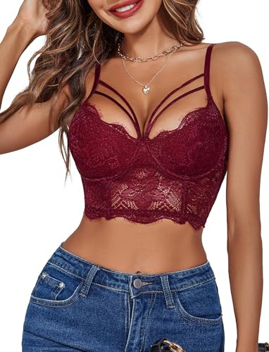 Avidlove Undertröjor BH skjortor sexiga magtoppar spets bustier beskära kami två lager spagettiremmar V-ringade braletter Cami linne, Röd, XXL