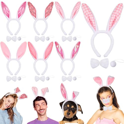 Sinmoe 6 Sets de Costumes de Lapin de Pâques, Bandeaux d'Oreilles de Lapin Nœud Papillon de Lapin Queue de Lapin Set d'Accessoires de Déguisement de Pâques pour Adultes Jeu de Chasse aux Œufs