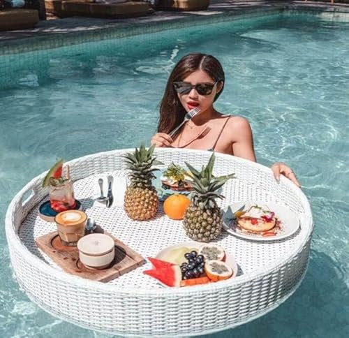 WENNEWU Multifunktionales Schwimmendes FrüHstüCkstablett, Schwimmender Tabletttisch FüR Den Pool, WasseroberfläChen-Schwimmscheibe, FüR GeträNke Am Pool, Brunch,Weiß,60cm