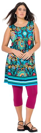 Ulla Popken Jersey-minikleid, Blüten, A-Linie, Rundhals, Ärmellos Abito Swing con Bordo Stampato Donna (Pacco da 1)