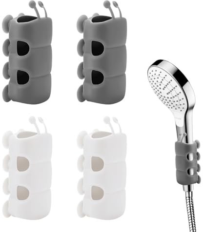 Casbomy Lot de 4 supports de pommeau de douche sans perçage - Avec ventouse bionique - En silicone - Positionnable - Amovible - Blanc et gris