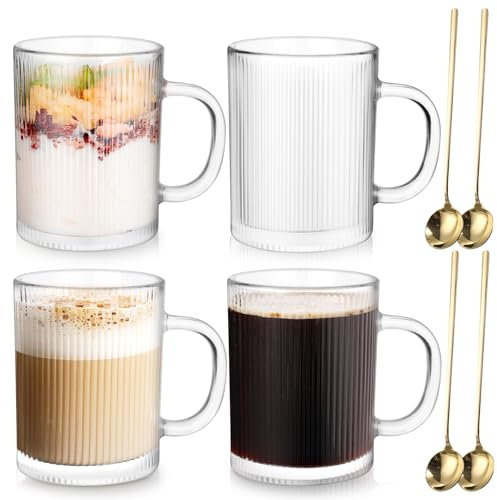 Anhow 4er Cappuccino Tassen, 350ml Latte Macchiato Gläser mit Löffel Gläser Geriffelt Espresso Tassen Set Kaffeegläser für Latte/Cappuccino/Getränke/Tee/Kaffee