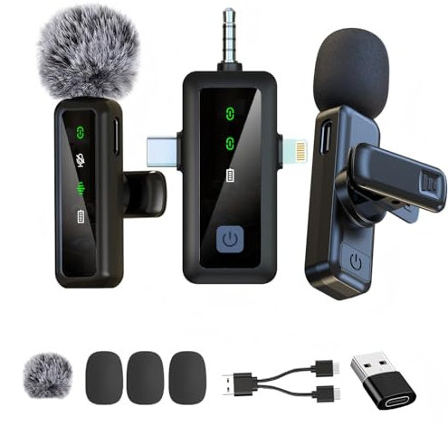 Wireless Lavalier Microphone 3-in-1, Mini Lapel Mic, Wireless Microphone for iPhone,Android, iPad, for Video Recording, Streaming, Interview, Vlog,Tiktok,Youtube