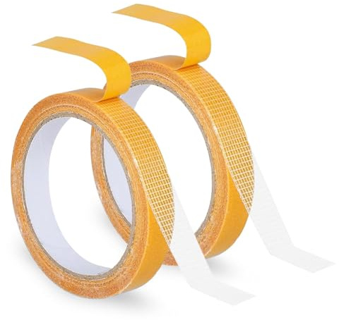 YUNHOLO 2 Rolls Double Sided Fabric Tape, 0.6 Inch x 32.81 ft (10m) Heavy Duty Mounting Tape, Strong Adhesive Clear Fibre Mesh Tape for Carpet, Wall, Floor, Crafts and Home Use