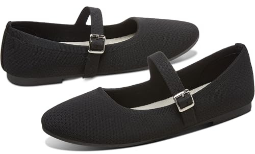 AISFAES Women Knit Mary Jane Flats Breathable Mesh Strap Ballet Flats Soft Round Toe Washable Ballet Shoes Stylish Business Casual Dress Flats(Black,US9)