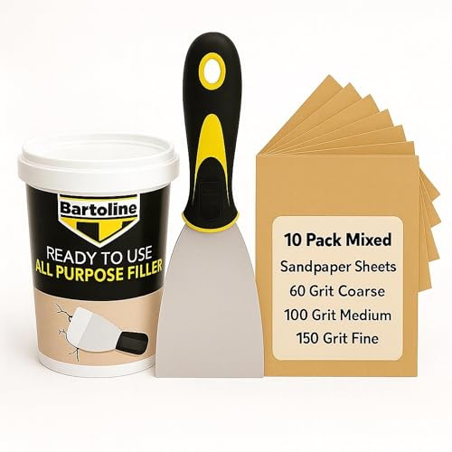 All Purpose Ready Mixed Wall Filler Repair DIY Bundle Kit | Multipurpose Wall Filler 600g, 3 Paint Scraper Multi Tool With Sandpaper Sheets 10PC | Ideal For Plaster, Wood, Wall, Cracks & Holes Repair