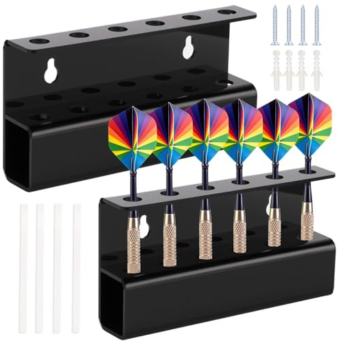 NIMBLOOM 2 PCS Black Acrylic Dart Holders, Wall Mounted Dart Rack for 6 Each, Wall Darts Storage and Display Shelf with Screws & Dual-Sided Adhesive Pads for Steel Tip and Soft Tip Darts