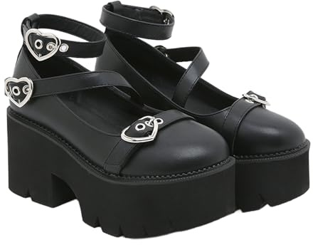 Jemnpela Zapatos Mary Jane para Mujer Negros Vestir Bailarinas Plataforma Tacones Gruesos Punta Redonda Hebilla Y2K Calzado Gótico para Usar con Jeans Vestido JK para Fiestas Viajes Cosplay Trabajo
