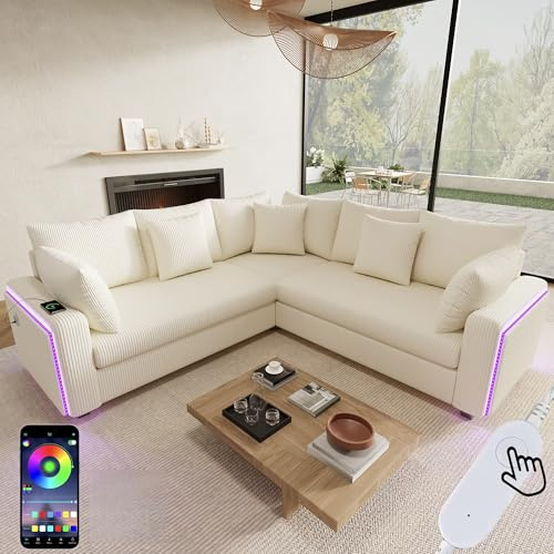 Sapgaks Canapé d'angle en L avec LED et USB C, Canapé 5 Places en Velours Côtelé avec Coussins et Accoudoirs, Canapé Modulable Multifonctionnel au Salon Appt, Beige