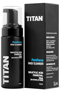 Titan PoreForce Espuma Limpiadora Facial Hombre con Carbón Activado y Ácido Salicílico 1% – Limpieza Profunda de Poros, Exfoliación Suave con PHA, Sin Sulfatos – 150ml, Hecho en España