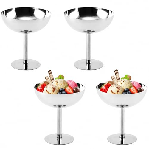 Mocifa 4 Piezas Copa Helado Acero Inoxidable 240 ml Copas de Helado con Patas Cuencos de Postre de Acero Inoxidable Taza para Helados Postres Pudín Ensaladas Frutas (10 x 11 cm)
