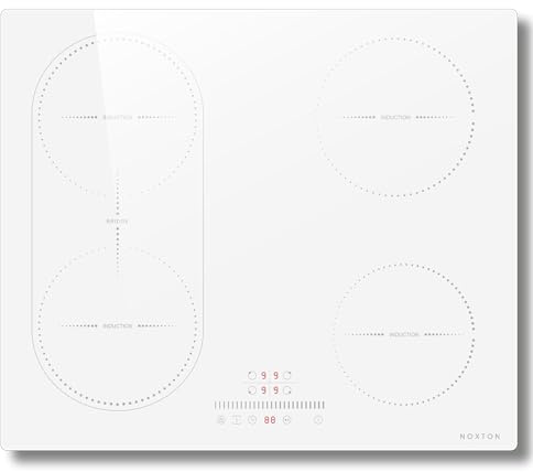 NOXTON Plaque Induction avec Prise, Plaque de Cuisson Electrique 4 Feux | Zones Flexibles, Commande Par Curseur, Sécurité Enfant, Minuterie, Pause, Encastrable, 60CM, 6400W, Blanc