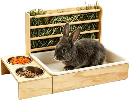 Gxdamxz Râtelier À Foin pour Lapin en Bois, 3-en-1 Distributeur Nourriture Lapin avec 2 Gamelles en Acier Inoxydable & Litière pour Petit Animal, Station de Nourriture