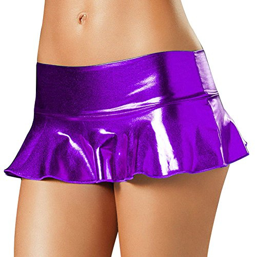 Women Shiny Metallic Ruffle Pleated Micro Mini Short Skirt Faux Leather Wet Look Sexy Clubwear Dance Party Dress (Purple)