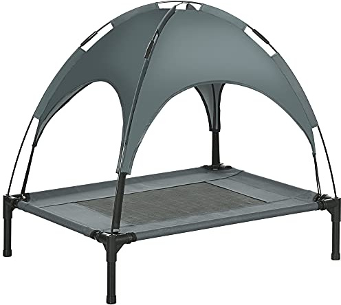 PawHut Erhöhtes Hundebett mit Baldachin, Haustierbett, Hundeliege Outdoor mit Dach, Atmungsaktiv, Taftstoff für Camping Grau 76 x 61 x 73 cm