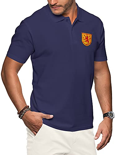 Purple Print House Scotland Polo Shirts for Men Football Shirt 2021 Retro Supporters Rugby Cotton Embroidered Crest Badge Royal Lion Rampant Flag, L, Navy