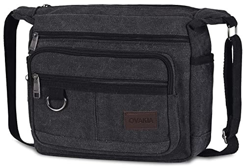 OVAKIA Umhängetasche Herren, 15 zoll Tasche Vintage Schultertasche Leinwand Männertasche für schule arbeits täglichen gebrauch (Schwarz)