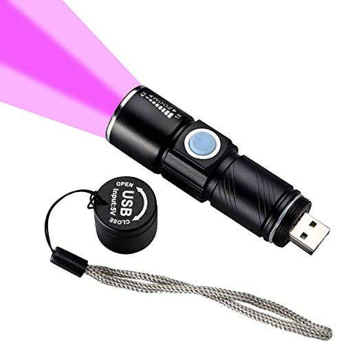 ADQOO UV Torch Rechargeable, Blacklight Flashlight LED Mini Ultraviolet Torches, USB Black Light Zoomable 395nm Detector for Dog Cat Pet Urine, Stain,Bed Bugs, and More