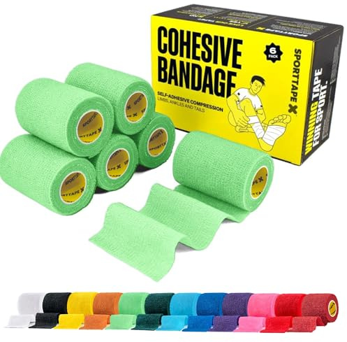 SPORTTAPE 6 Rolls Self-Adhesive Cohesive Bandage, 7.5cm x 4.5m, Mint Green | Compression & Vet Wrap for Dogs, Horses, Sports Stretch Tape for Football, Ankles, Joints, Fingers, Wrists & Sock Tape