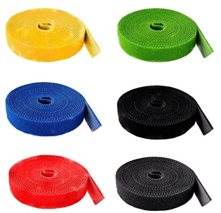 HUAZIZ 6Rouleau Sangles de Câble,Attaches Câble, Bande Réutilisable,Serres cables Ruban de Fixation Bande à Crochet Auto-Agrippant Organisateur pour Cordes et Câble Electrique, 6 Couleurs2m*2.5cm