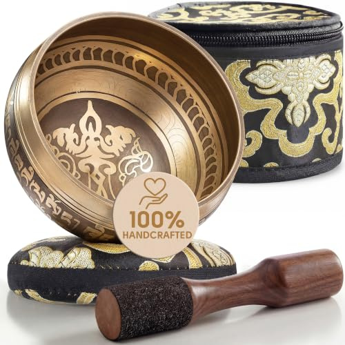 Pregiate Ciotole Tibetane Incise a Mano con Custodia – Ciotola da Meditazione & Campana Sonora – Kit di Meditazione Portatile – Dispositivi di Terapia Sonora – Accessori Yoga per il Rilassamento