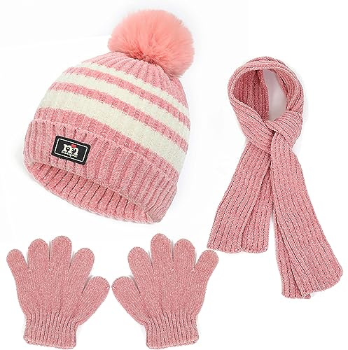 Baynetin 3Pcs Kids Winter Beanie Hat Scarf Gloves Set for 2-8 Years Old Boys Girls. Winter Accessories Sets for Children Outdoor Sports, Knit Thick Warm Fleece Lined Thermal Sets (Pink)