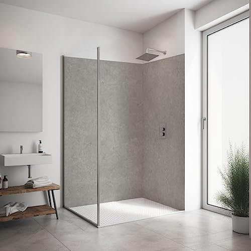 ORIGINAL PlateART Eck-Duschrückwand, 2 Platten à 90x200 cm, Wandverkleidung, Wandbild, Rückwand Alu-Dibond OHNE FUGEN, Fliesenersatz, Stein mittelgrau - Made in Germany