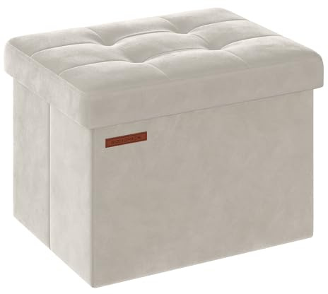 SONGMICS Pouf Pieghevole, Cassapanca in Velluto, Contenitore con Coperchio, Poggiapiedi, 31 x 41 cm, Portata 130 kg, per Corridoio, Soggiorno, Camera da Letto, Bianco Crema LSF200W01