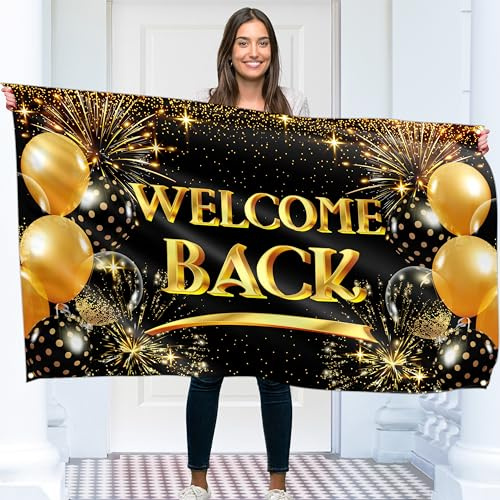 KASKANA Cartel de bienvenida-Cartel de bienvenida a casa-Decoración de bienvenida para el hogar-5 x 3 pies con imagen de globo de bienvenida a casa-Impresión digital vívida-Poliéster grueso 110Den -
