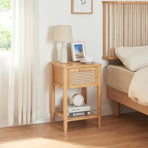 [en.casa] Nachttisch Leirfjord Beistelltisch mit Schublade Nachtkommode Nachtschrank Wohnzimmertisch 60 x 40 x 35 cm Sofatisch Nachtkonsole Nebentisch aus Bambus Natur