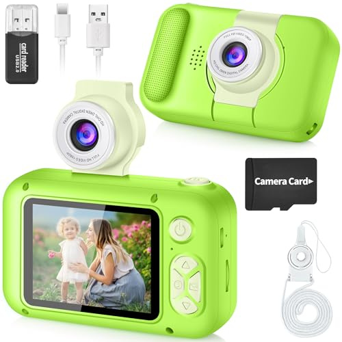 ARNSSIEN Kids Camera for Toddlers with 180° Flip Lens, 2.4 Inch IPS Screen Toddler Digital Camera for Kids 3-12, 32GB Card Included, Birthday Present for Girls & Boys - X101(Green)