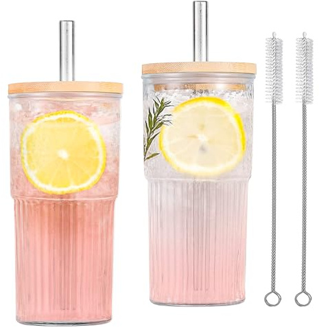 Forhandy 2 bicchieri in vetro con coperchio e cannuccia, 700 ml, con coperchio, addensare Mason Jar, grande capacità, bicchiere da caffè freddo, bicchiere con cannuccia e coperchio