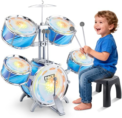 deAO Kids Drum Set for Toddlers Upgraded Jazz Drum Set with 5 High Drums & Lights, Vibrating-Controlled, Musical Instruments Toys for Toddlers 3-5 Birthday (Blue)