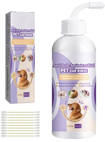KMANGMAN Nettoyant Oreilles Chien et Chat 118ml+10 Pcs Coton-Tige,Soins des Oreilles,Gouttes d'oreille,Formule à Base d'Extraits de Plantes,pour Apaise Démangeaisons,Élimine Les Odeurs,Non Irritant