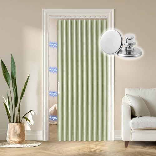 RINHARTEX Blackout Accordion Style Magnetic Door Curtain for Closet Pleated Folding Doorway Curtain Accordion Door Interior Room Divider Bedroom Bathroom Living Room(42x78inch,Green)