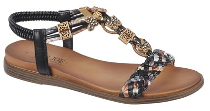 Jo & Joe Ladies Braided T-Strap Design Embellished Trim Elasticated Back Strap Flat Sandals (Black, UK Footwear Size System, Adult, Women, Numeric, Medium, 7)