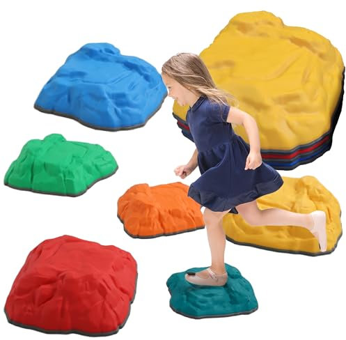 AIYAPLAY Balance Stepping Stones for Kids, 6-Piece River Stones with Non-slip Bottom, Indoor Outdoor Sensory Obstacle Course for Ages 3-8 Years, Multicoloured