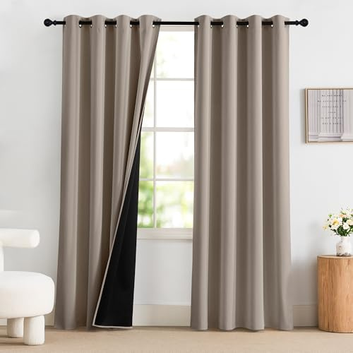PONY DANCE Verdunklungsgardine Thermovorhang Hitzeschutz mit Ösen 2er Set H 220 x B 140 cm Sandfarben, Wärmeisolierende Vorhänge Wohnzimmer Modern Ösenschal Blickdicht