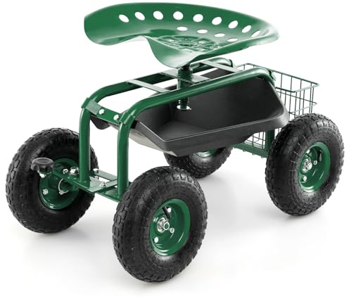 COSTWAY Rullstol med hjul, 360° roterbar | höjdjusterbar, mobil trädgårdssäte med hylla och korg och styrhandtag, utomhusträdgårdspall, upp till 150 kg | breda däck, trädgårdsrullstol metall, grön